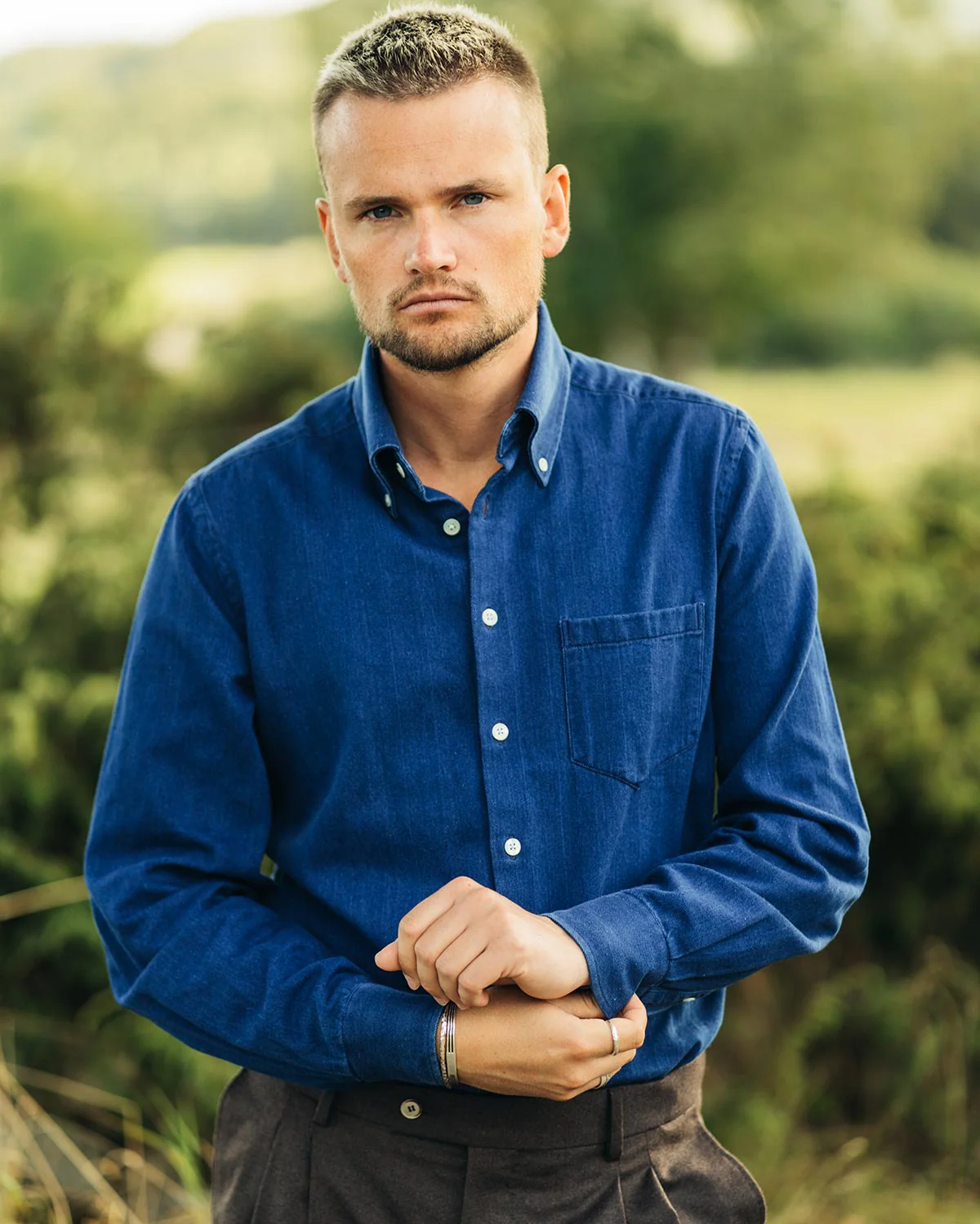 Jerry Navy Blue Herringbone Denim Shirt - Image 2